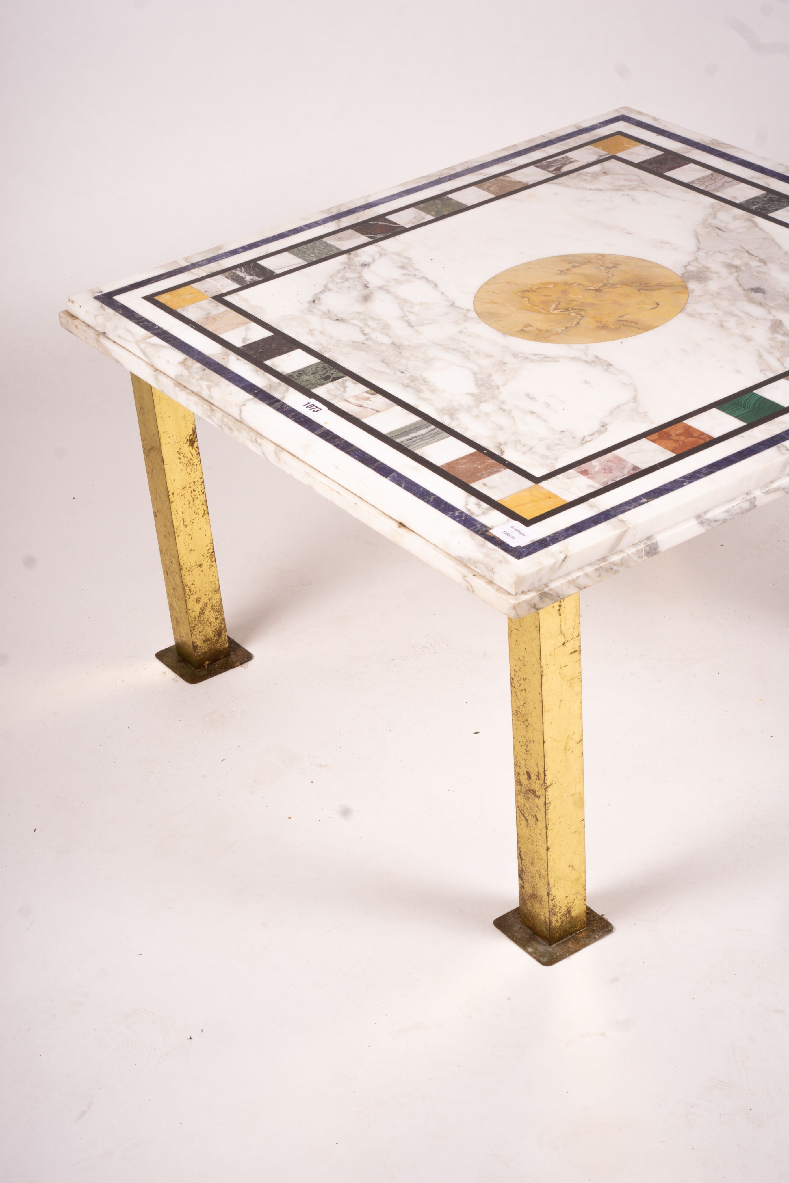 A square specimen marble and brass top low coffee table, width 86cm, height 52cm